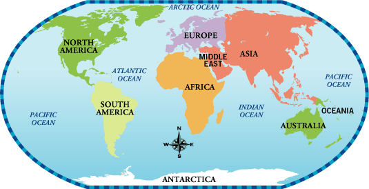 World Map Showing 7 Continents And 5 Oceans